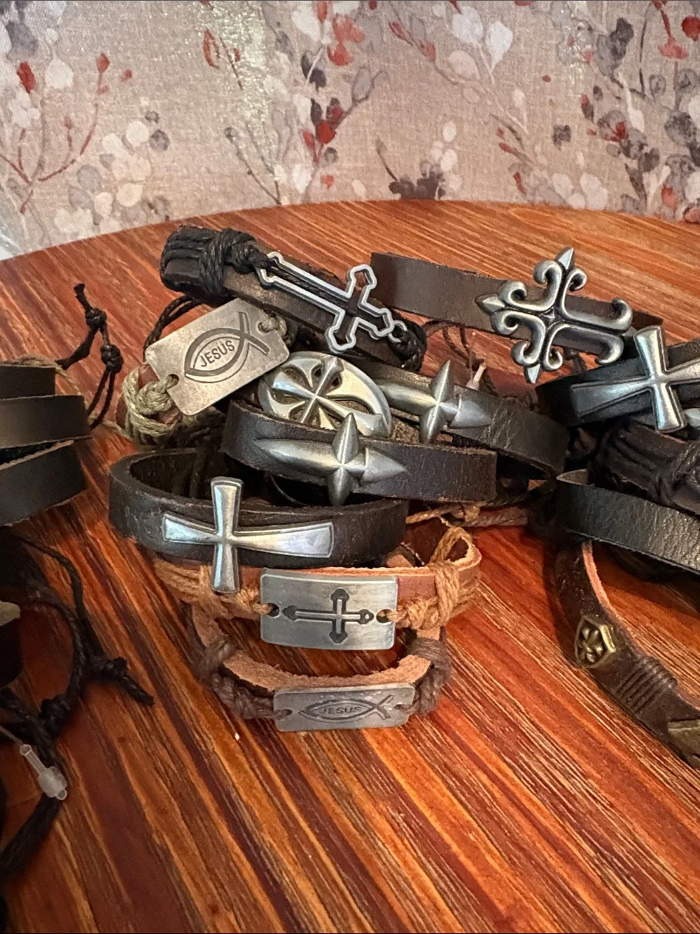 Lot of 25 women’s & men’s Black and Brown Leather Cross & Plate Bracelets - NEW